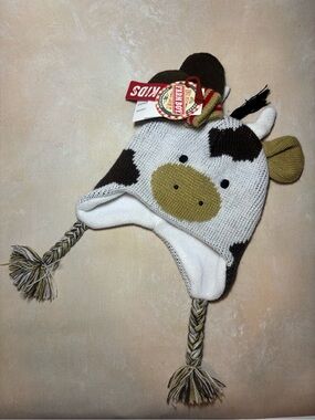 Toddler Cow Knit Earflap Hat with Braided Tassels & mittens, NWT